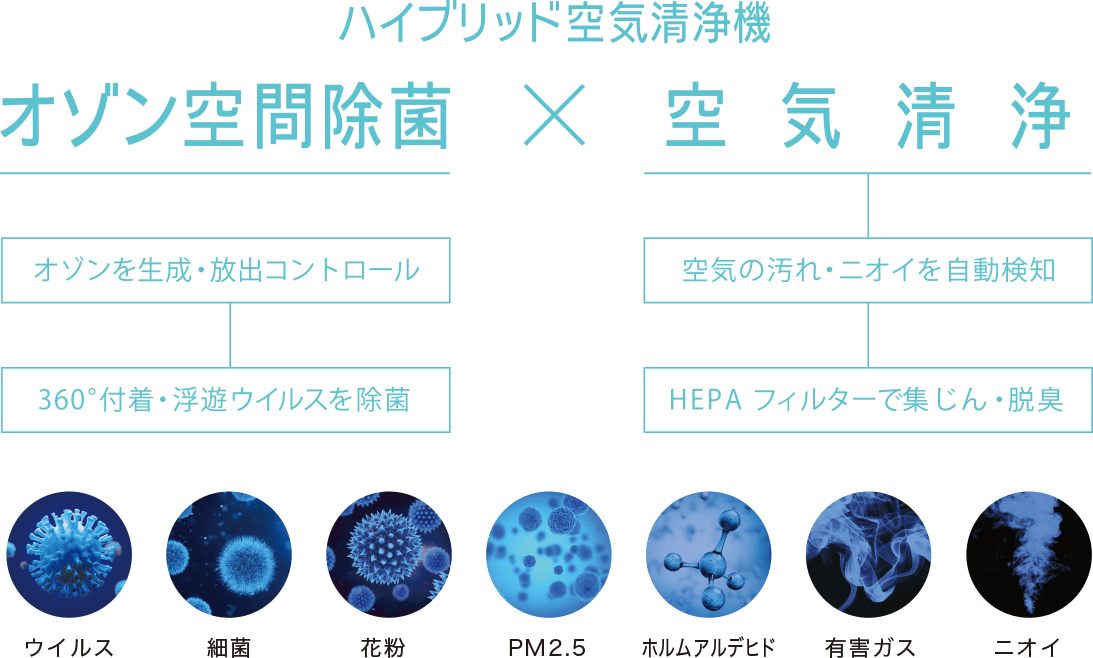 オゾン空間除菌（オゾンを生成・放出コントロール、360°付着・浮遊ウイルスを除菌）、空気清浄（空気の汚れ・ニオイを自動検知、HEPAフィルターで集じん・脱臭）